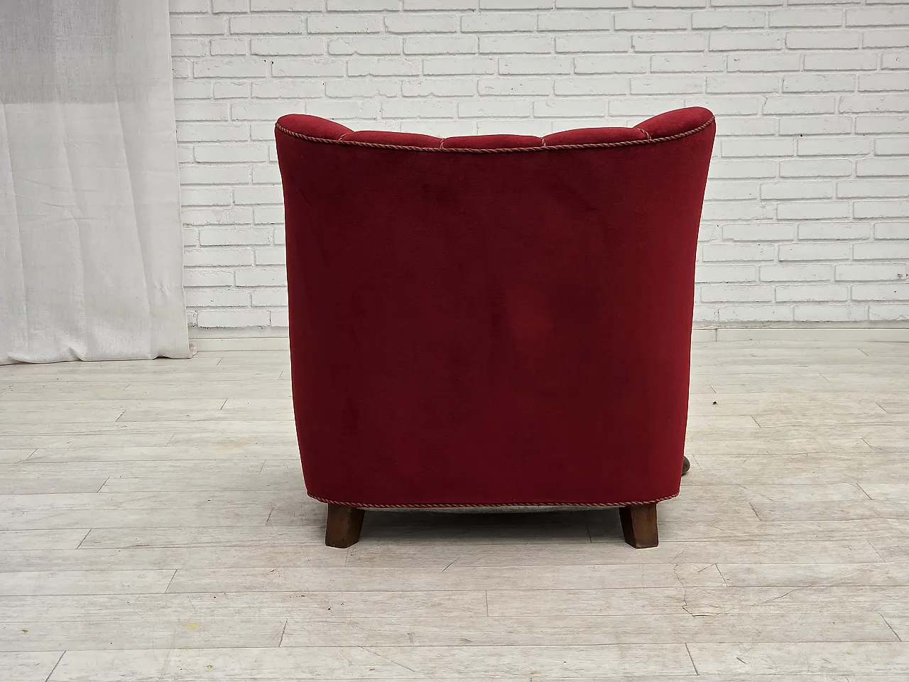 1950s, Danish relax armchair, furniture velour, carved oak wood. 14