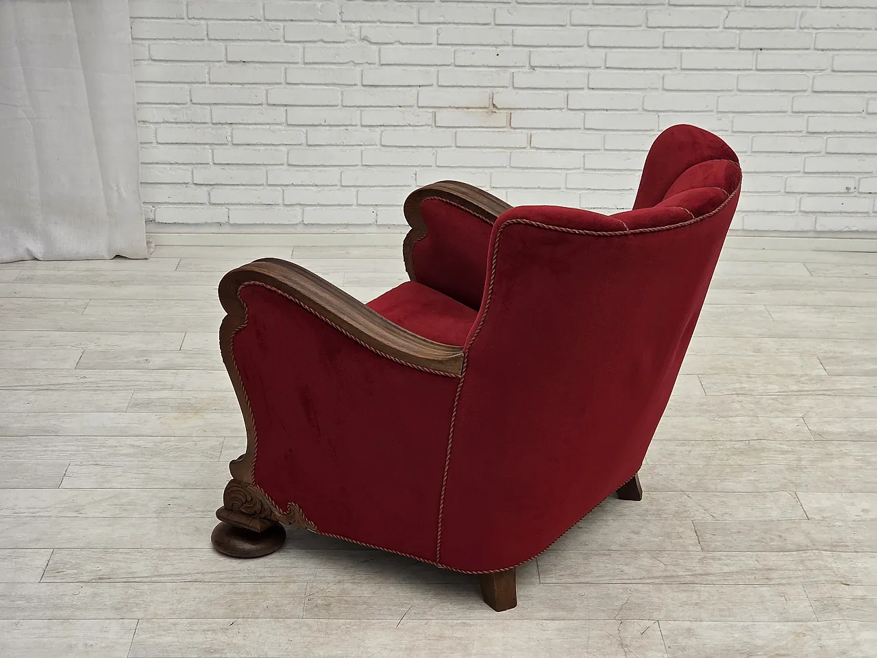 1950s, Danish relax armchair, furniture velour, carved oak wood. 15