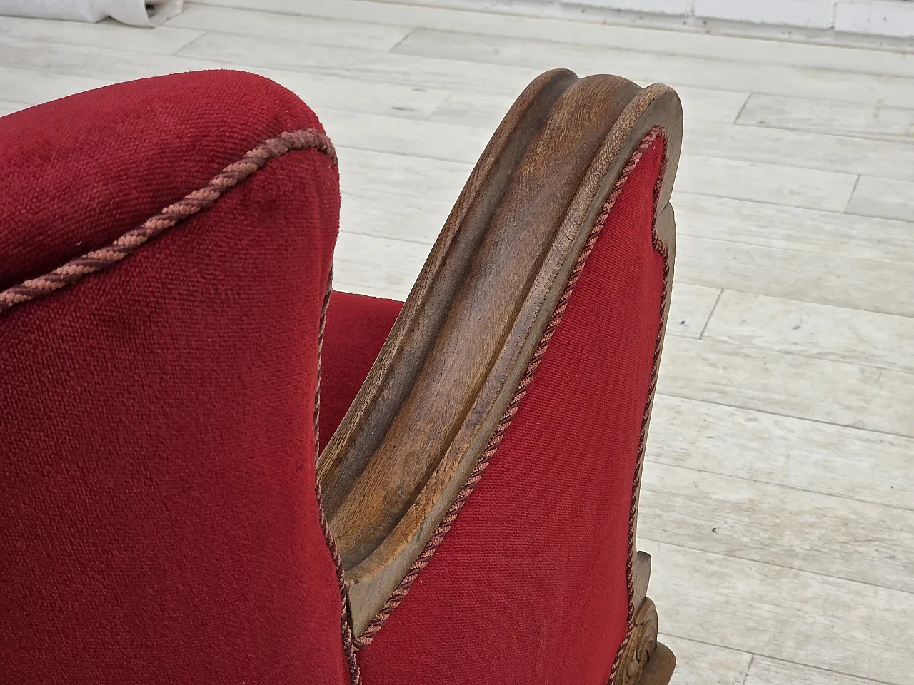 1950s, Danish relax armchair, furniture velour, carved oak wood. 16