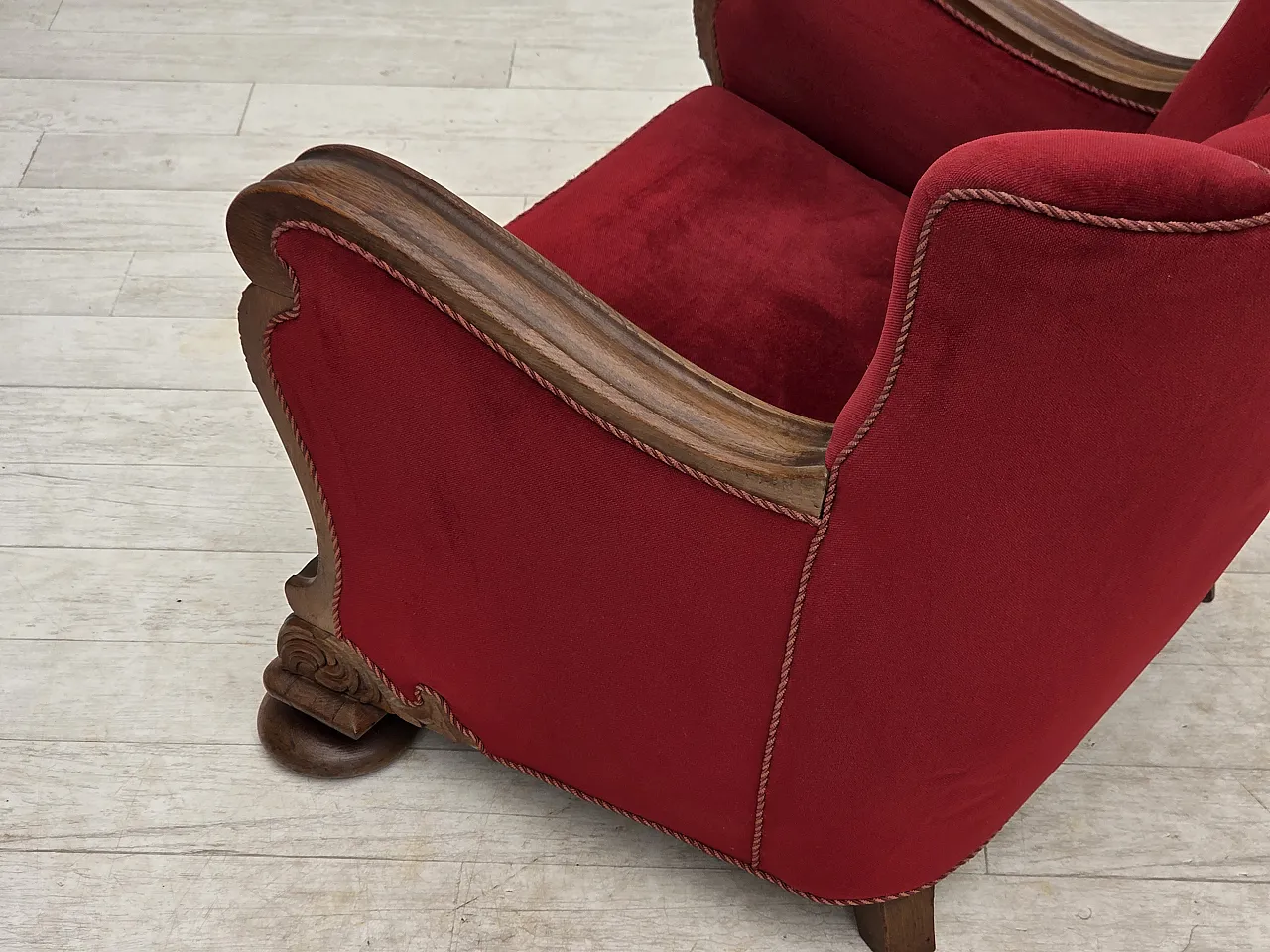 1950s, Danish relax armchair, furniture velour, carved oak wood. 17