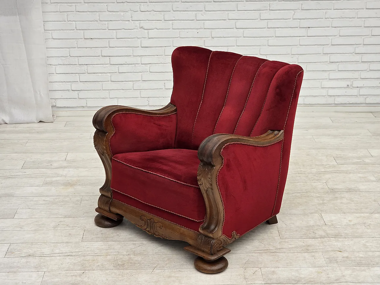 1950s, Danish relax armchair, furniture velour, carved oak wood. 18