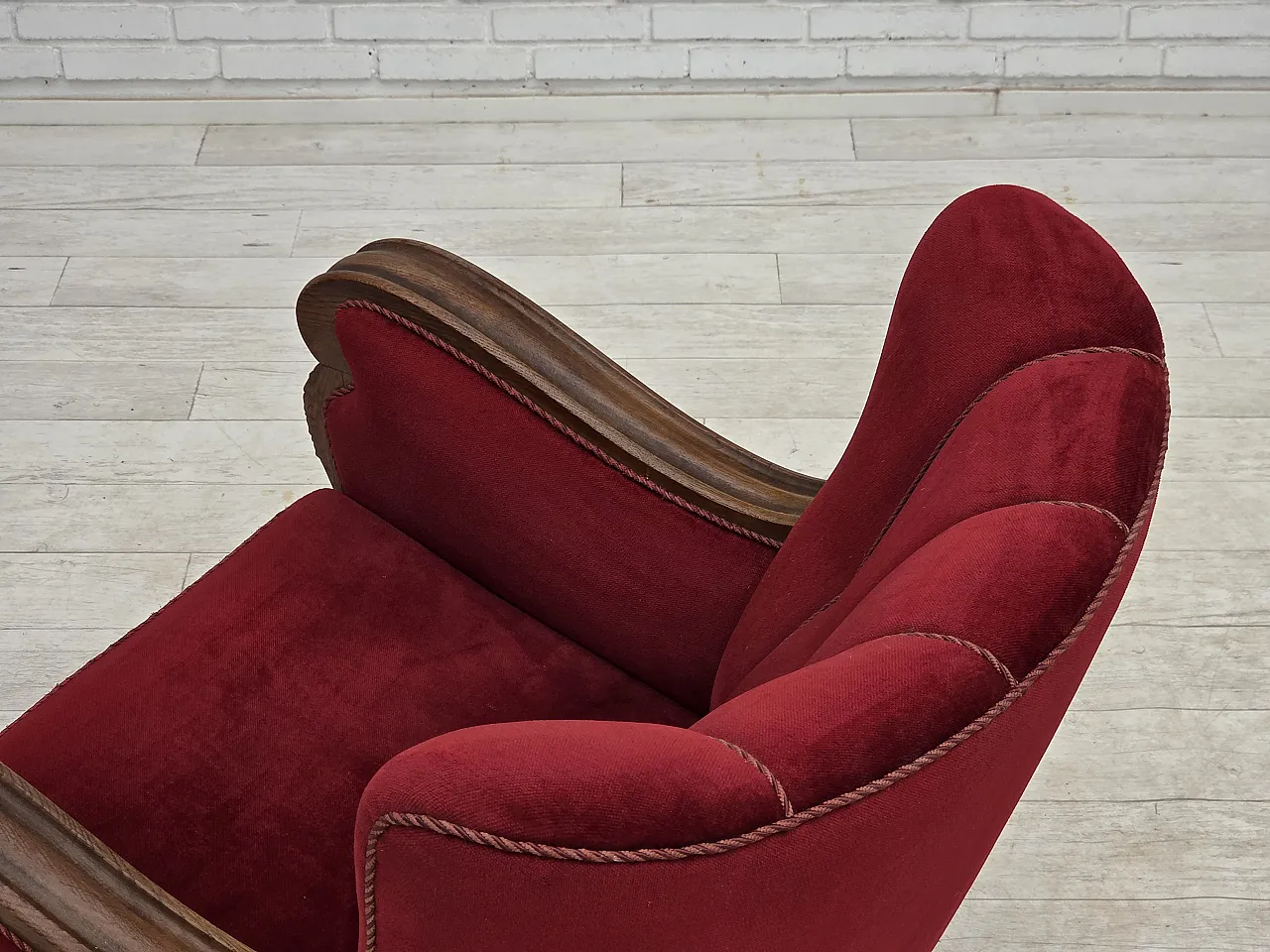 1950s, Danish relax armchair, furniture velour, carved oak wood. 19