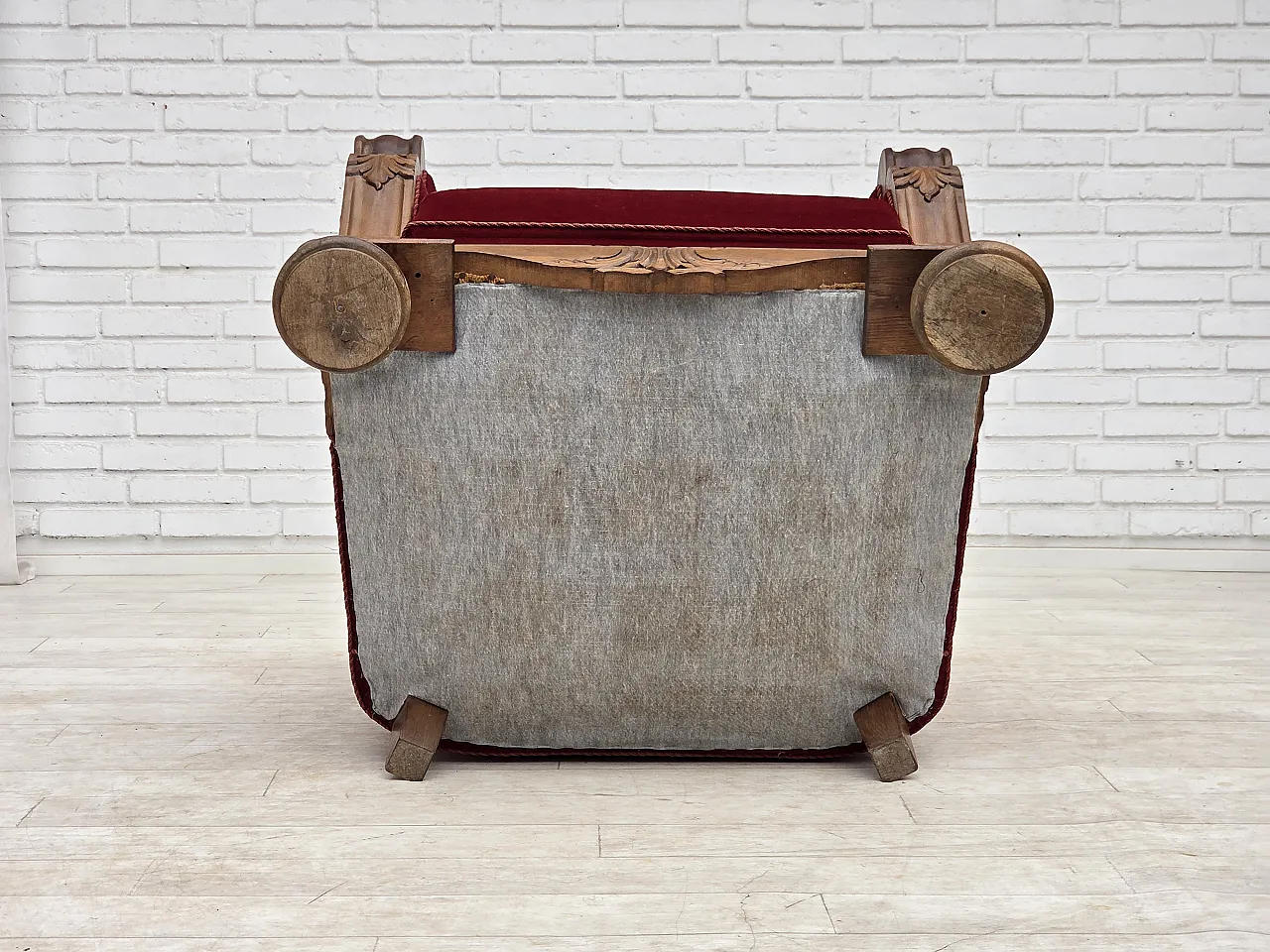 1950s, Danish relax armchair, furniture velour, carved oak wood. 20