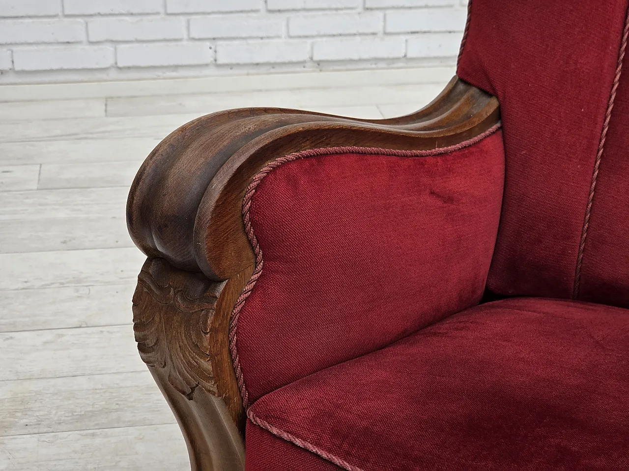 1950s, Danish relax armchair, furniture velour, carved oak wood. 21