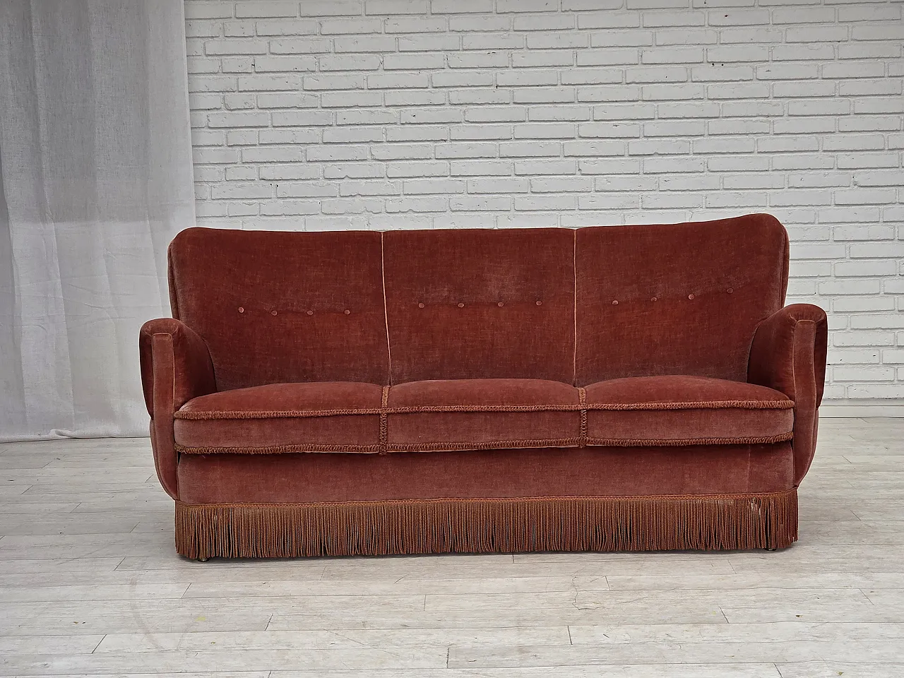 Divano curvo danese a 3 posti, anni '70, mobili in velluto rosa. 2