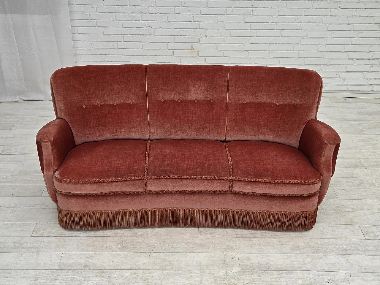 Divano curvo danese a 3 posti, anni '70, mobili in velluto rosa. 4