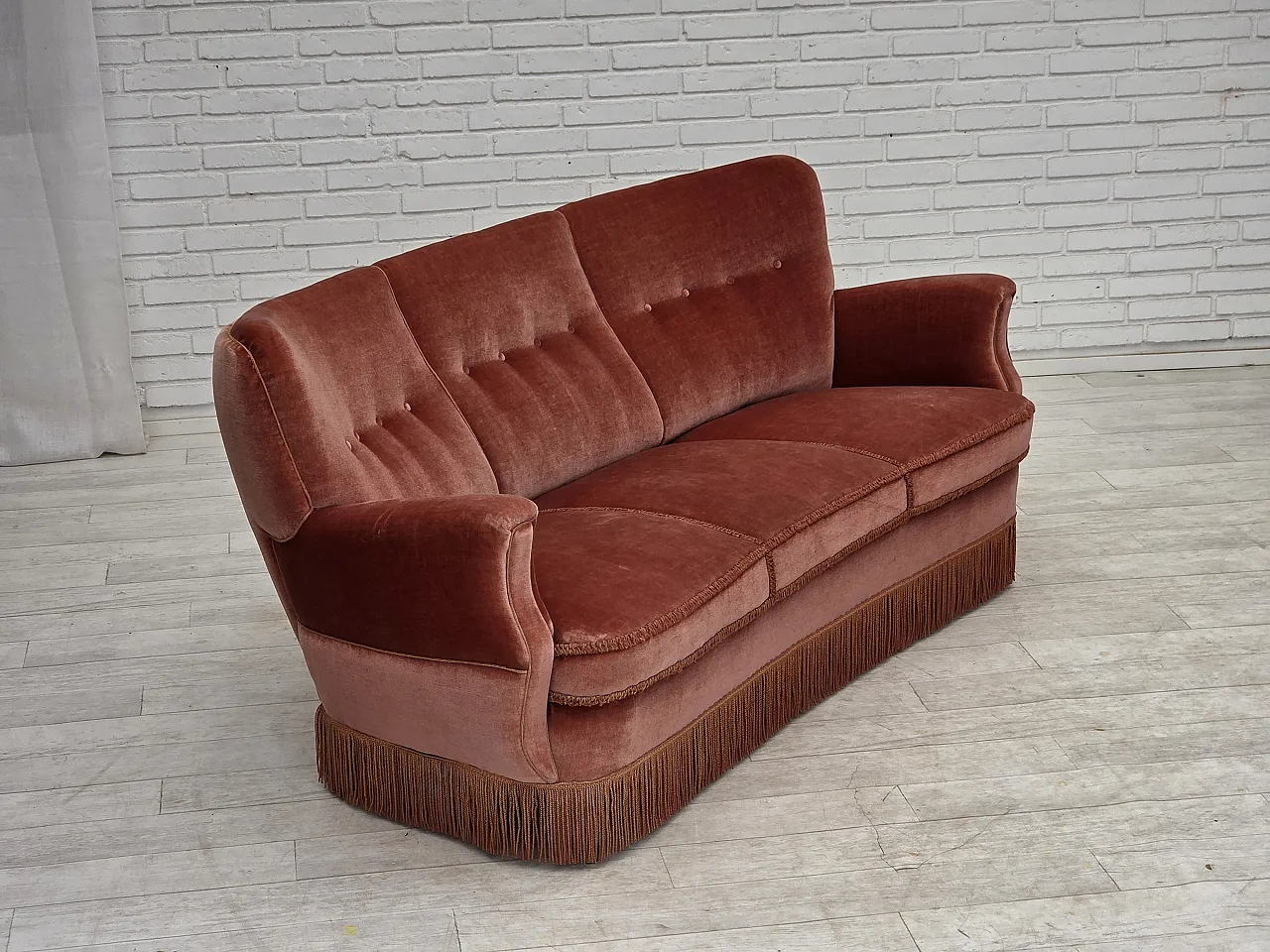 Divano curvo danese a 3 posti, anni '70, mobili in velluto rosa. 5