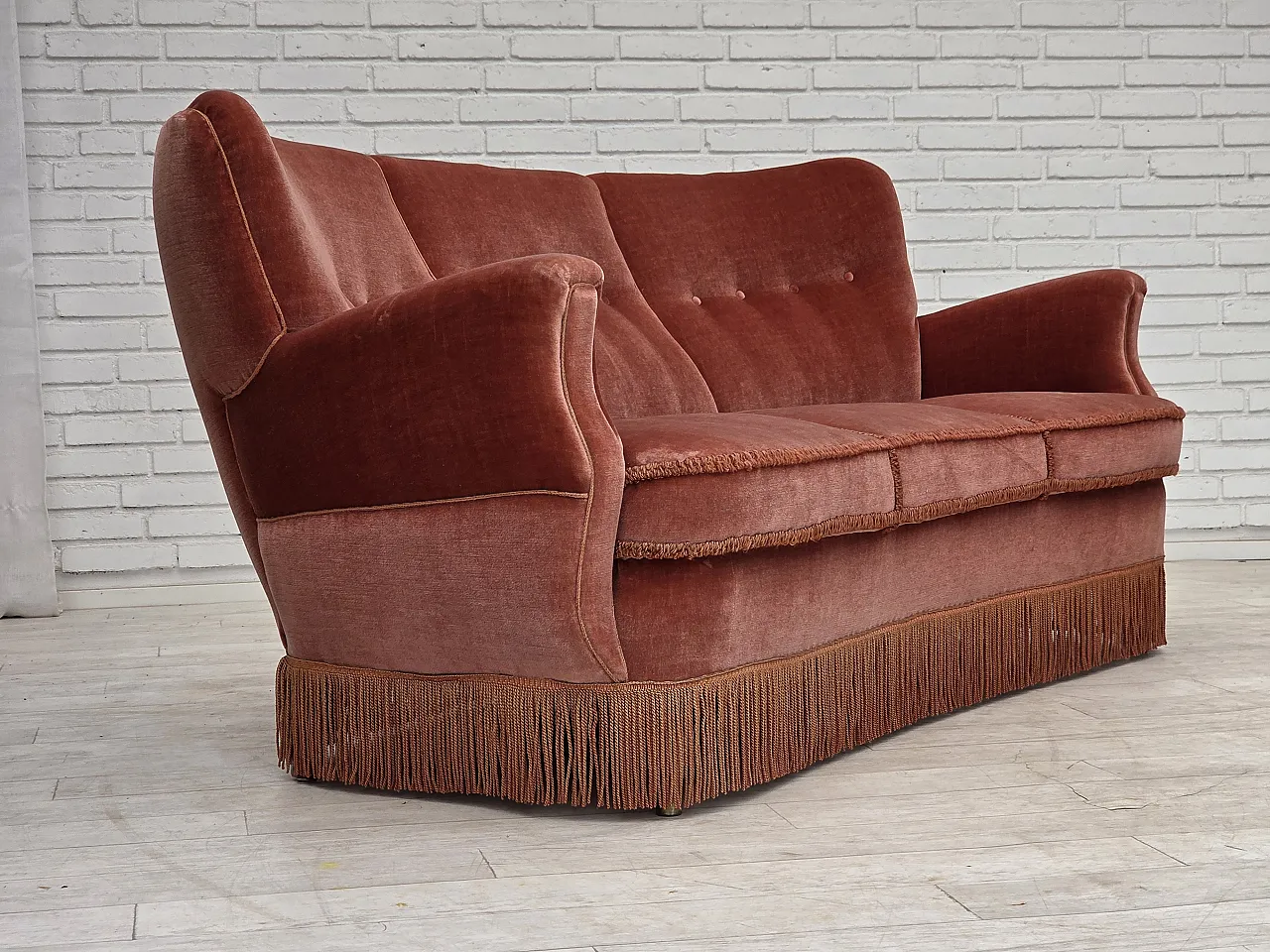 Divano curvo danese a 3 posti, anni '70, mobili in velluto rosa. 6