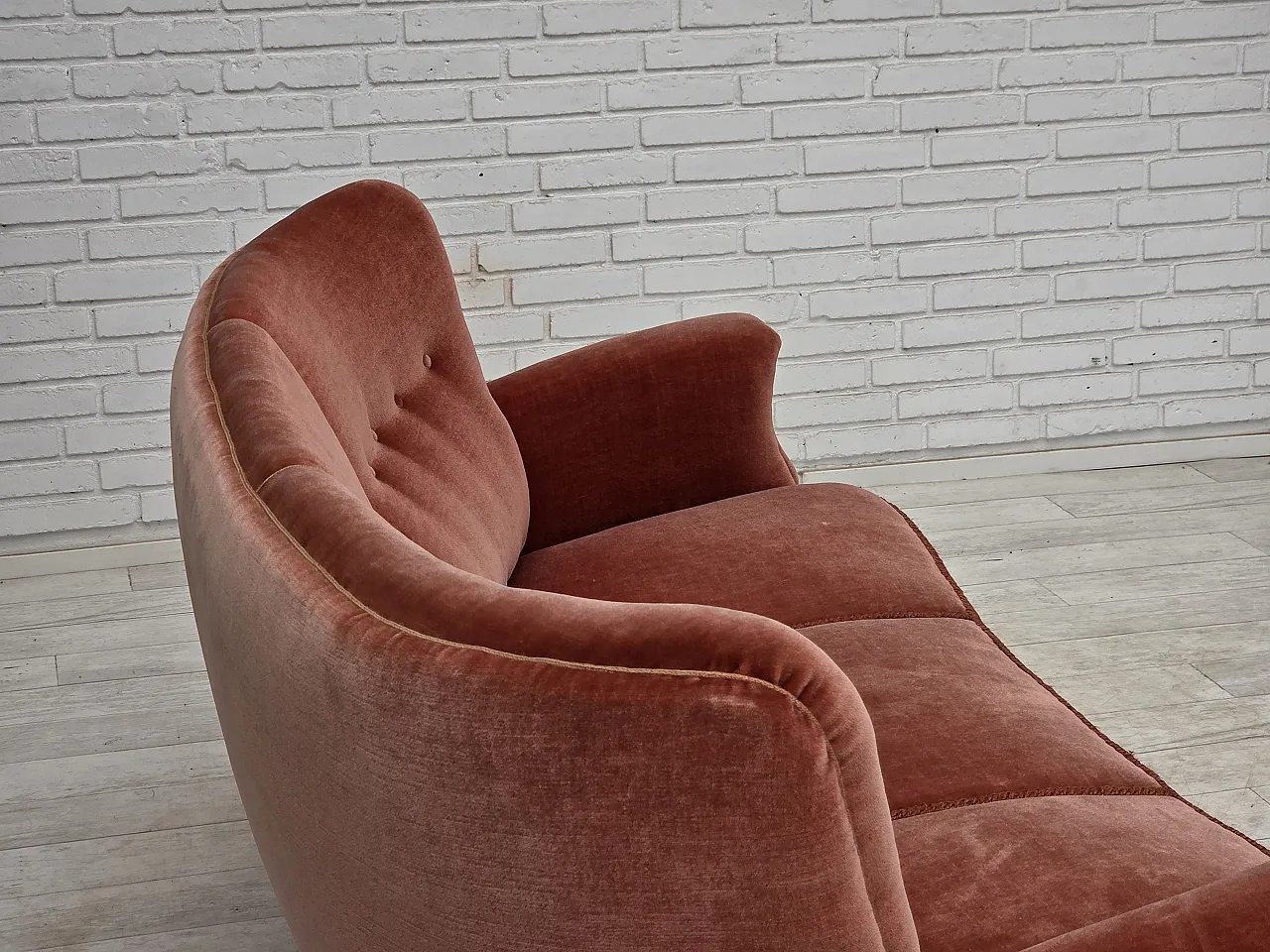 Divano curvo danese a 3 posti, anni '70, mobili in velluto rosa. 12