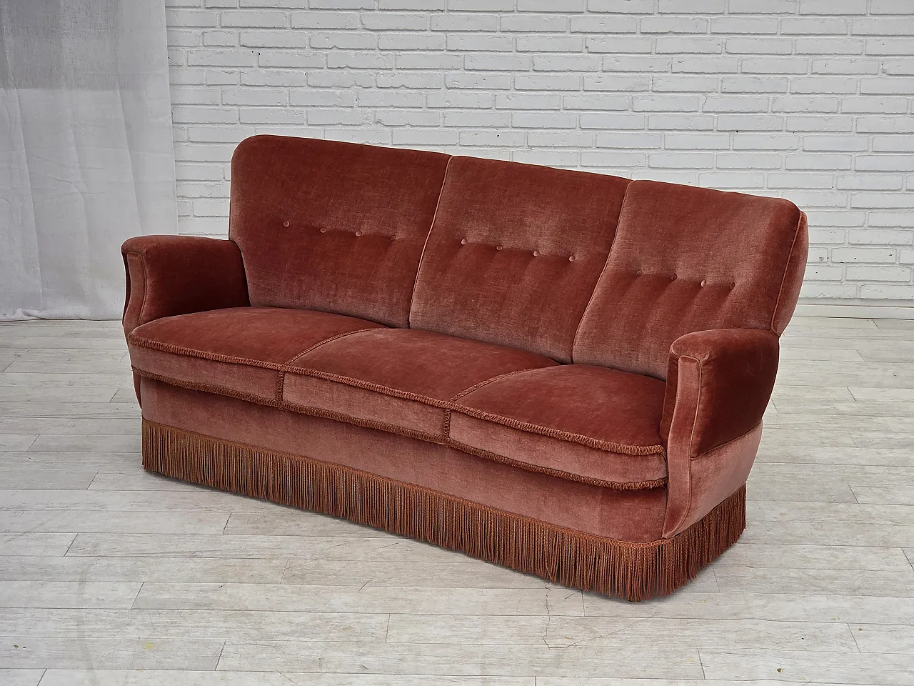 Divano curvo danese a 3 posti, anni '70, mobili in velluto rosa. 21