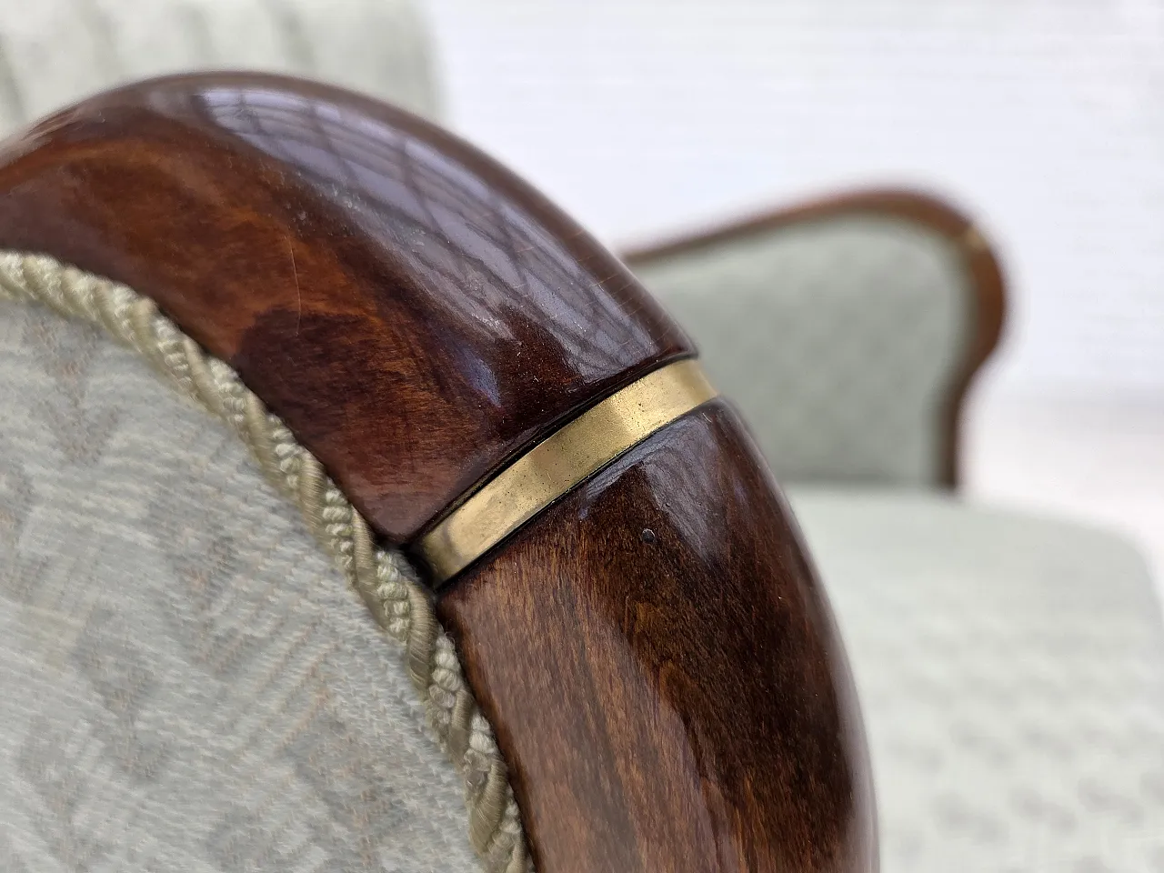 Anni '60, poltrona danese, tessuto d'arredamento azzurro, legno di faggio. 7
