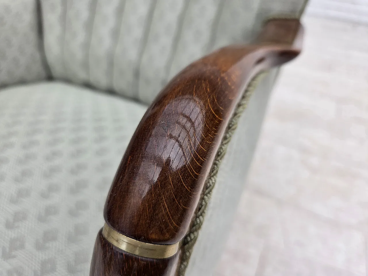 Anni '60, poltrona danese, tessuto d'arredamento azzurro, legno di faggio. 11
