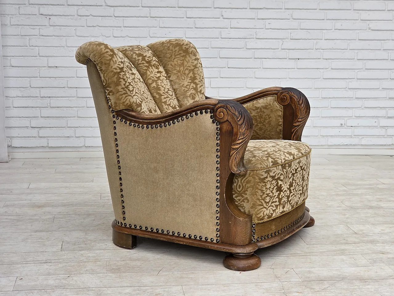 1950s, Danish relax armchair, furniture velour, carved oak wood. 1