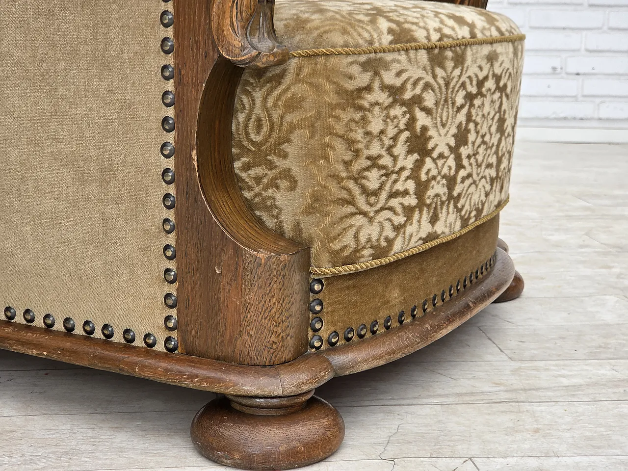 1950s, Danish relax armchair, furniture velour, carved oak wood. 2