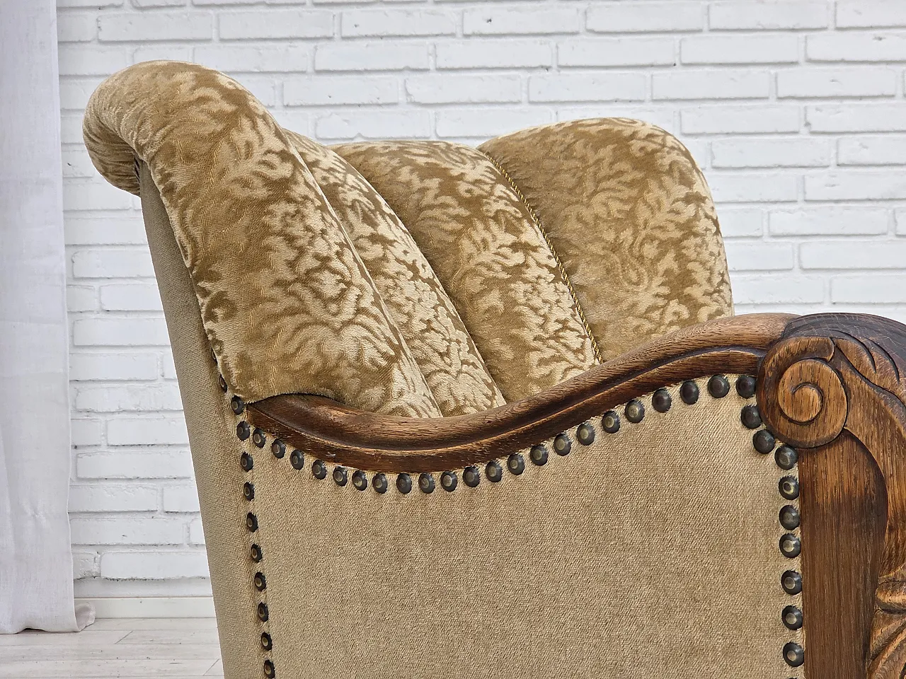 1950s, Danish relax armchair, furniture velour, carved oak wood. 3