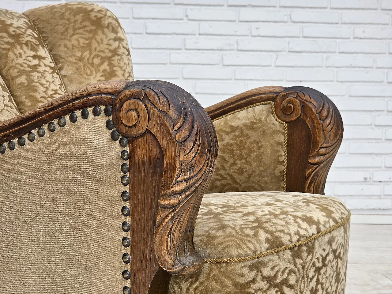 1950s, Danish relax armchair, furniture velour, carved oak wood. 4