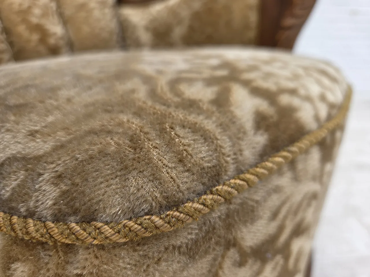 1950s, Danish relax armchair, furniture velour, carved oak wood. 5