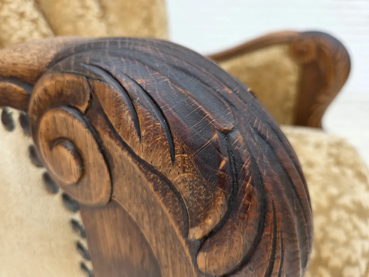 1950s, Danish relax armchair, furniture velour, carved oak wood. 6