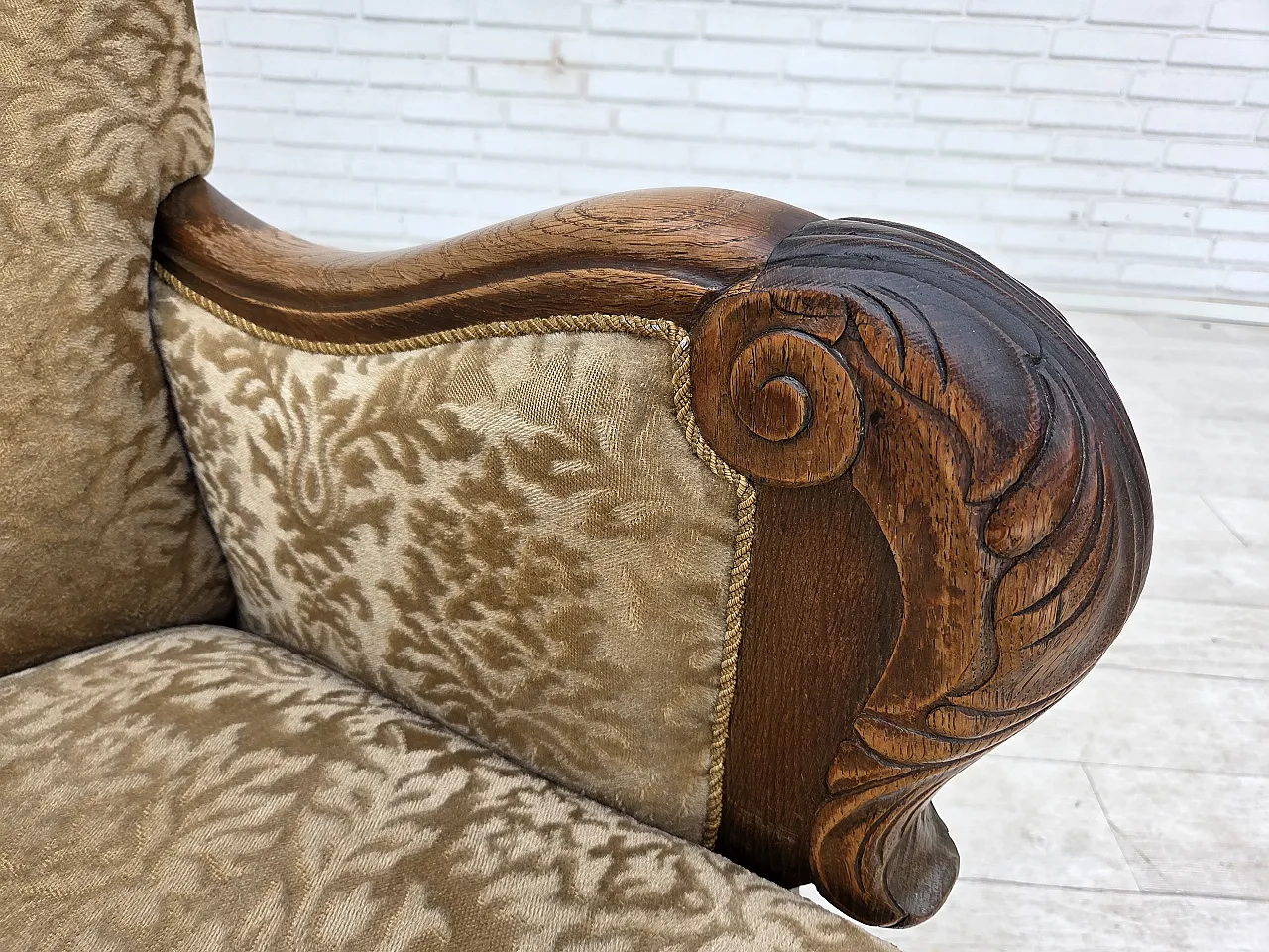 1950s, Danish relax armchair, furniture velour, carved oak wood. 7