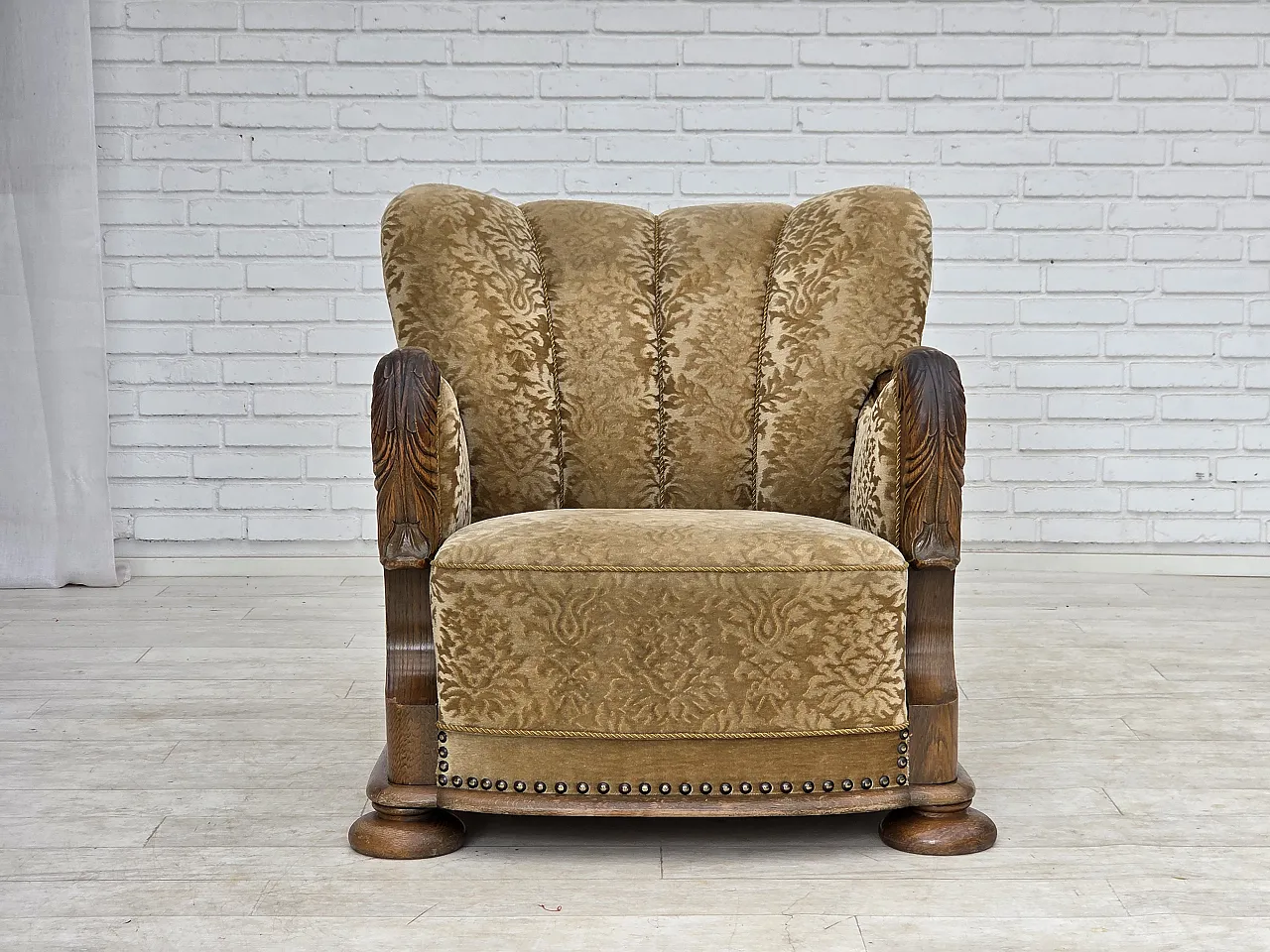 1950s, Danish relax armchair, furniture velour, carved oak wood. 8