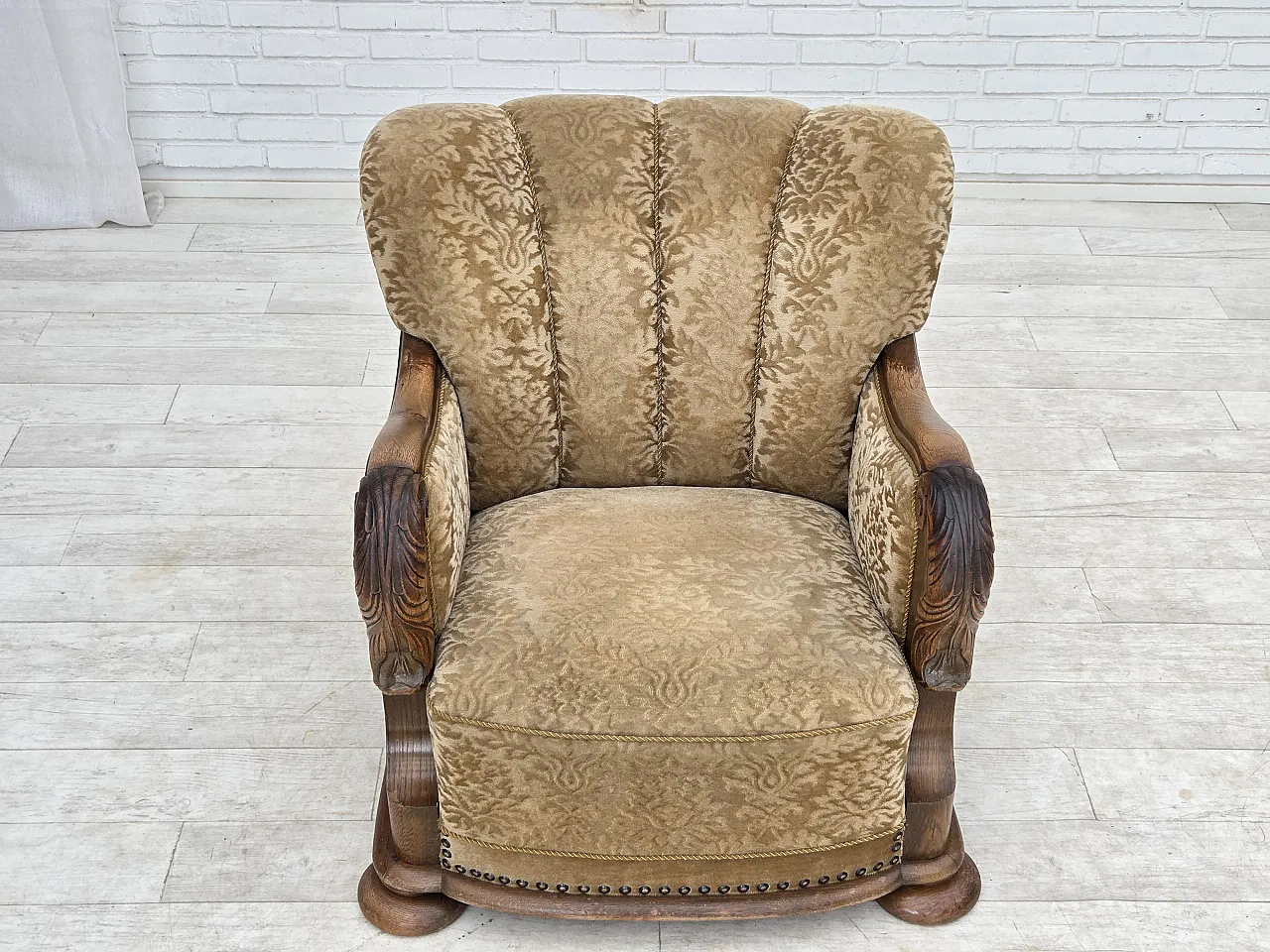 1950s, Danish relax armchair, furniture velour, carved oak wood. 9