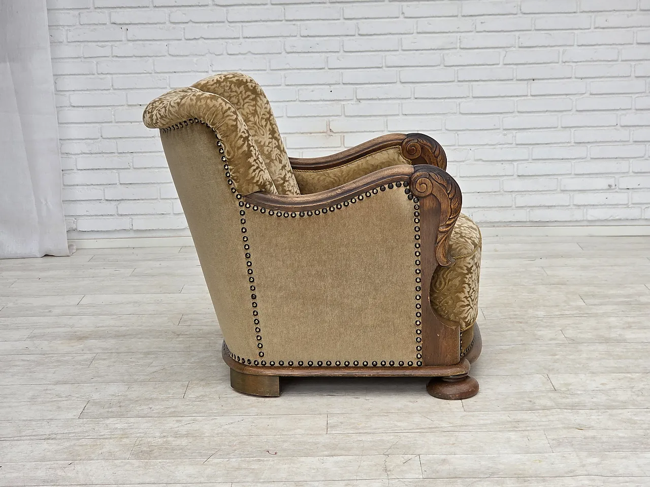 1950s, Danish relax armchair, furniture velour, carved oak wood. 10