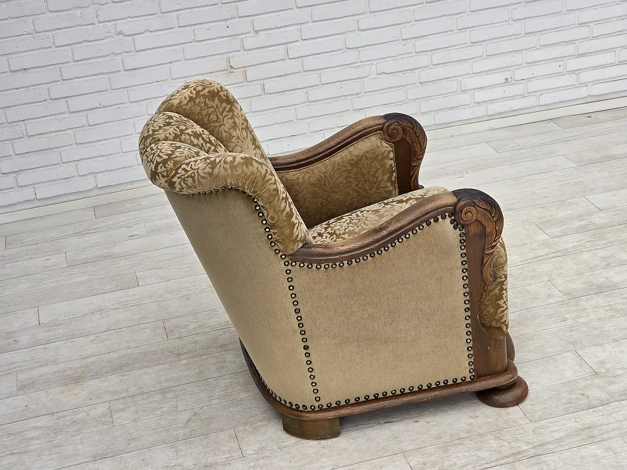 1950s, Danish relax armchair, furniture velour, carved oak wood. 11