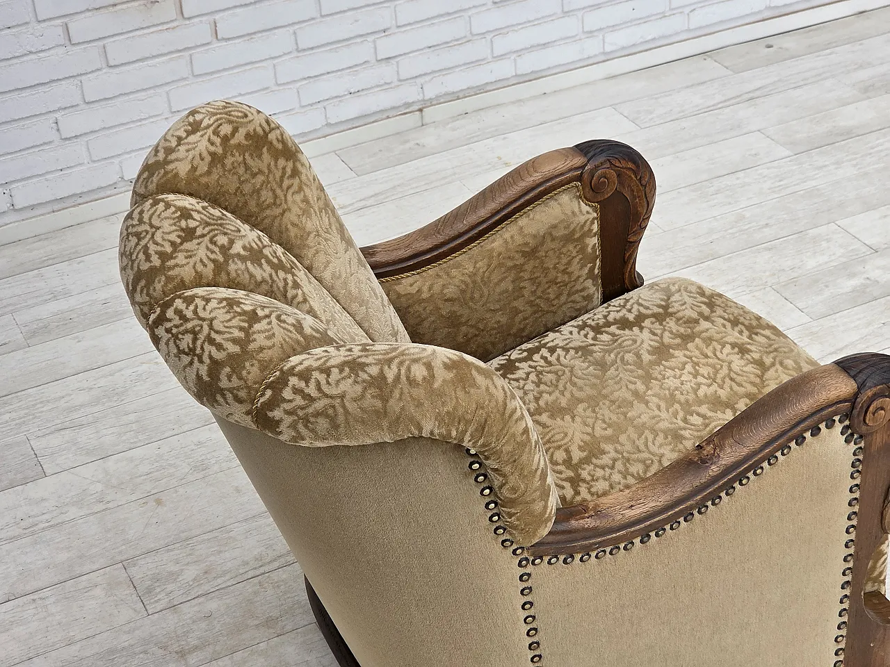 1950s, Danish relax armchair, furniture velour, carved oak wood. 12
