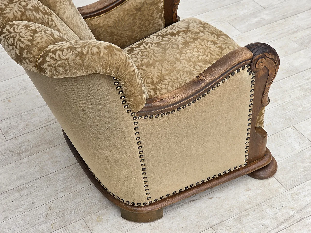 1950s, Danish relax armchair, furniture velour, carved oak wood. 13