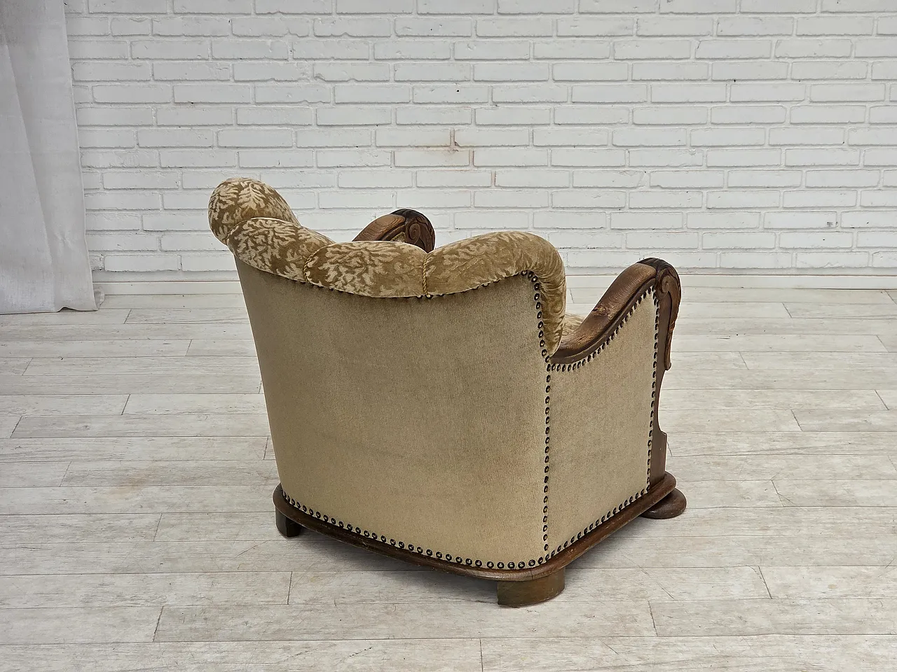 1950s, Danish relax armchair, furniture velour, carved oak wood. 14