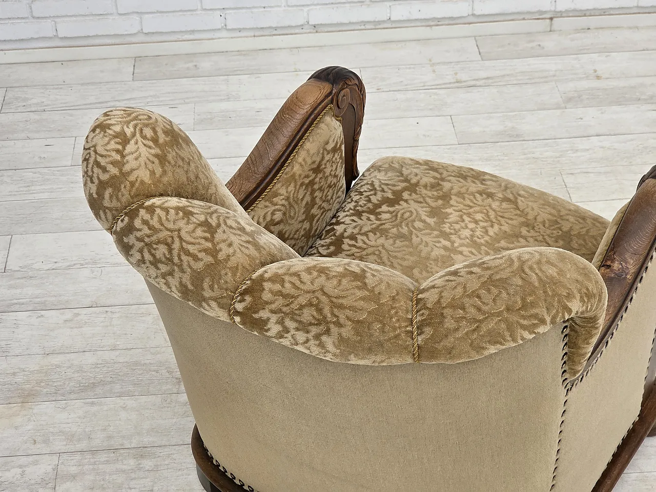 1950s, Danish relax armchair, furniture velour, carved oak wood. 15