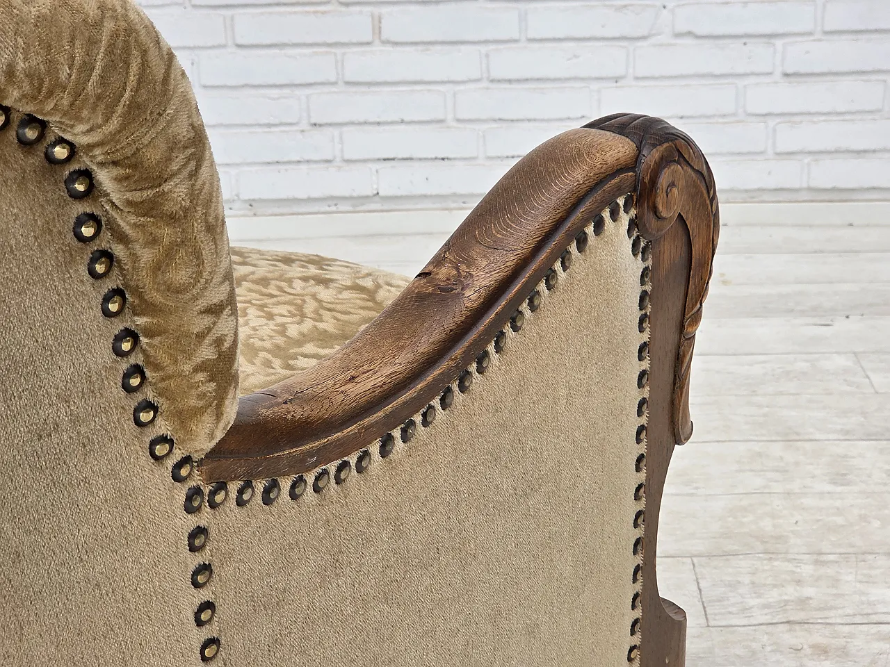 1950s, Danish relax armchair, furniture velour, carved oak wood. 16