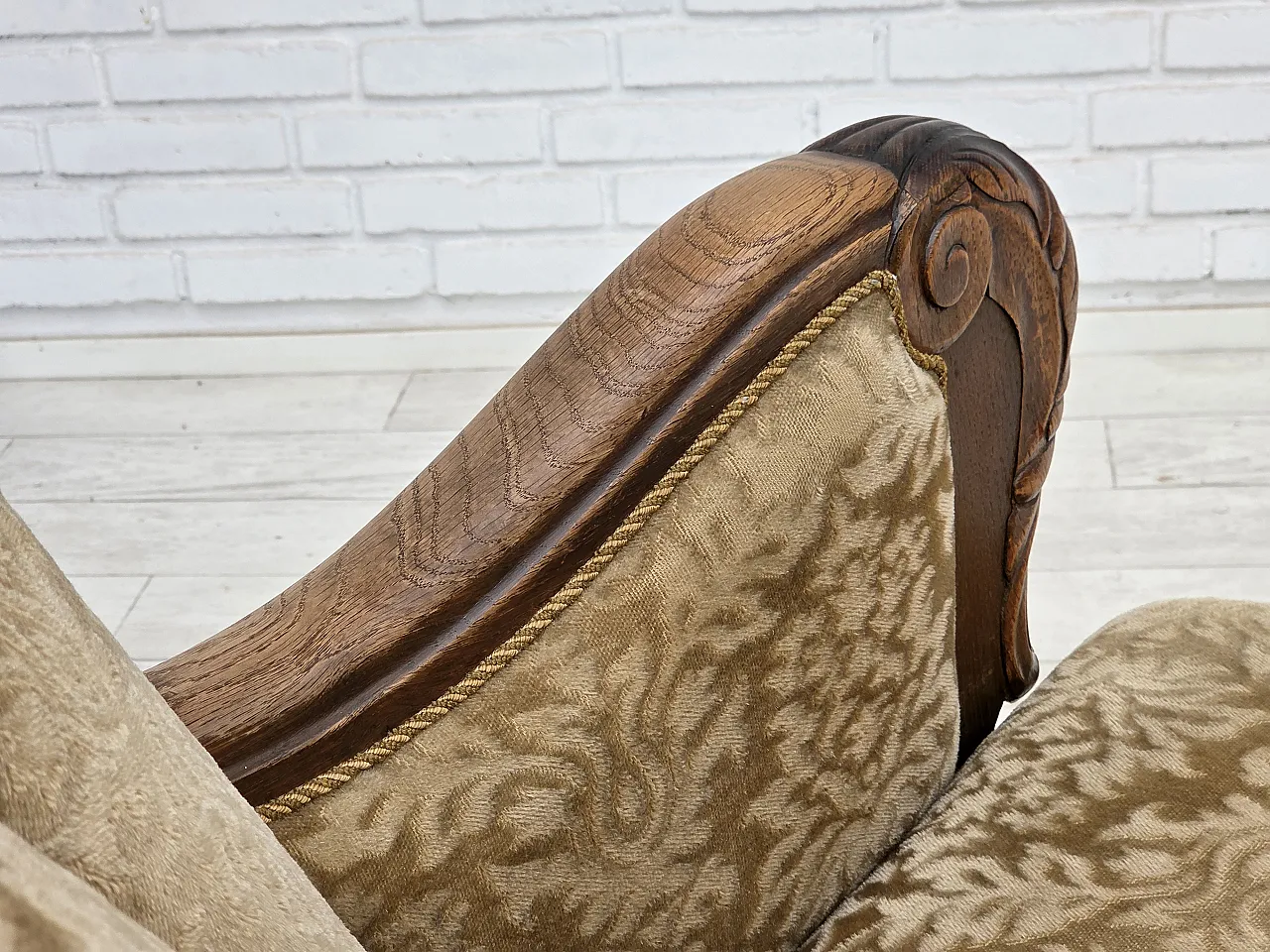 1950s, Danish relax armchair, furniture velour, carved oak wood. 17