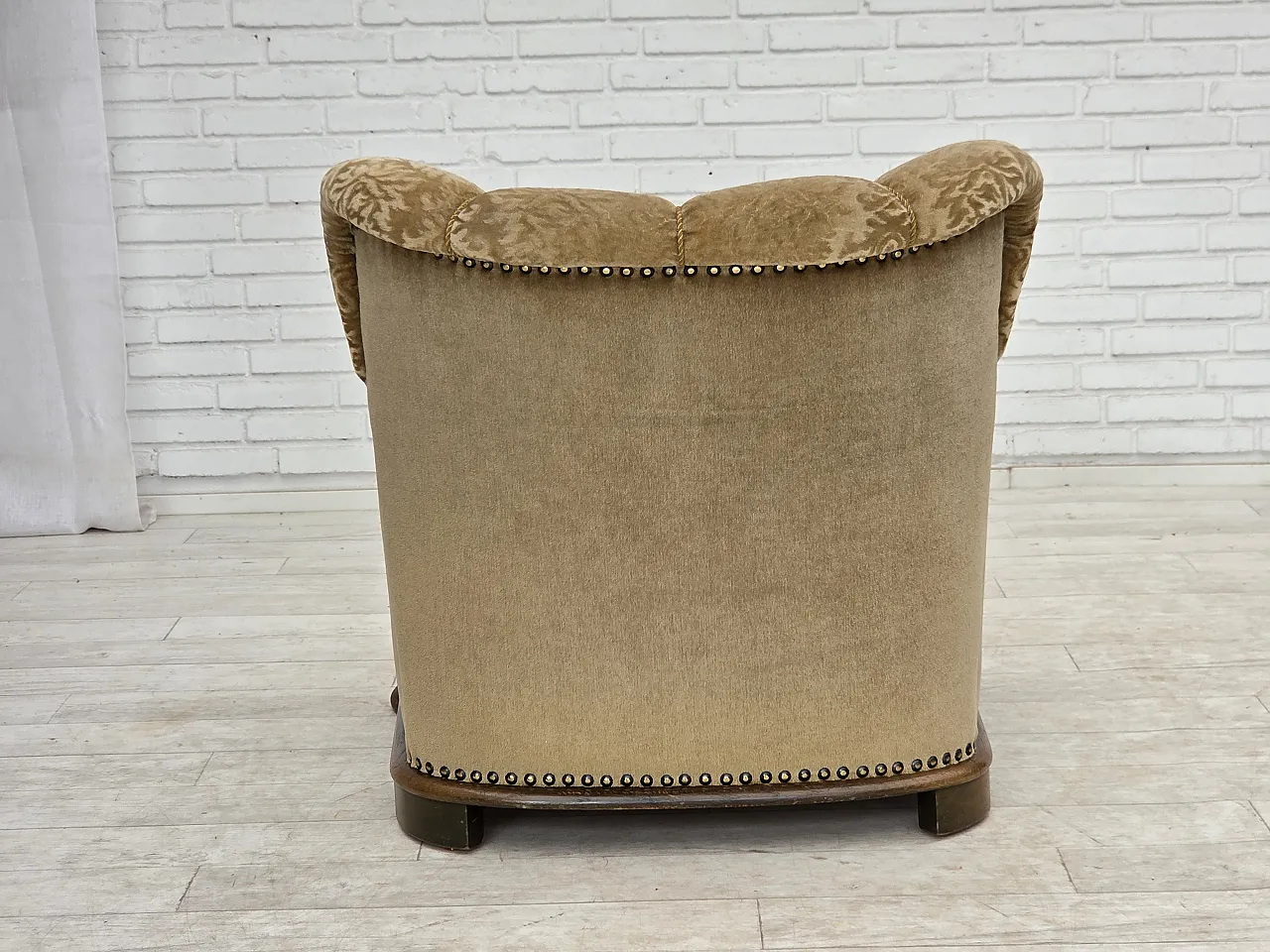 1950s, Danish relax armchair, furniture velour, carved oak wood. 18