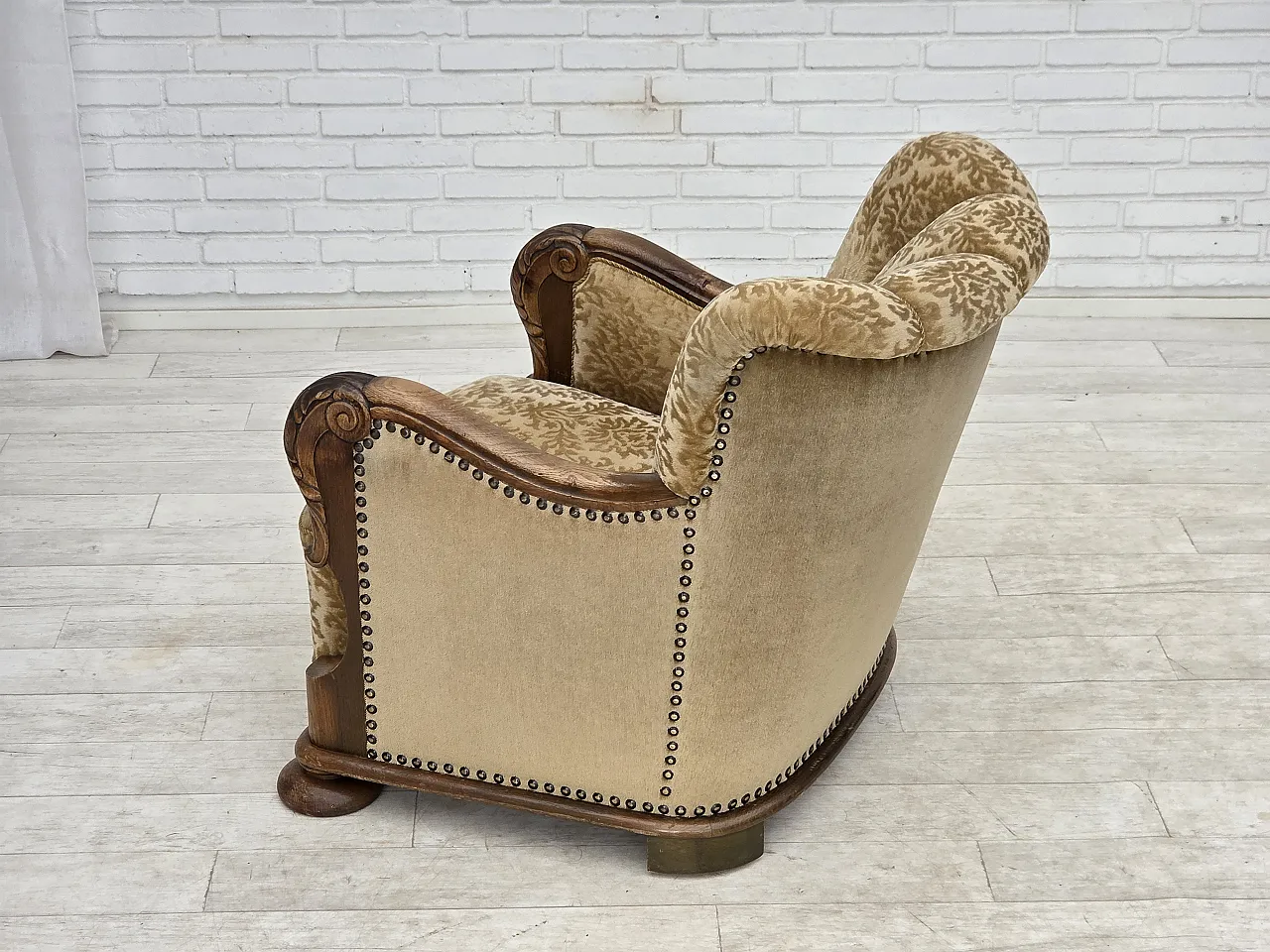 1950s, Danish relax armchair, furniture velour, carved oak wood. 19