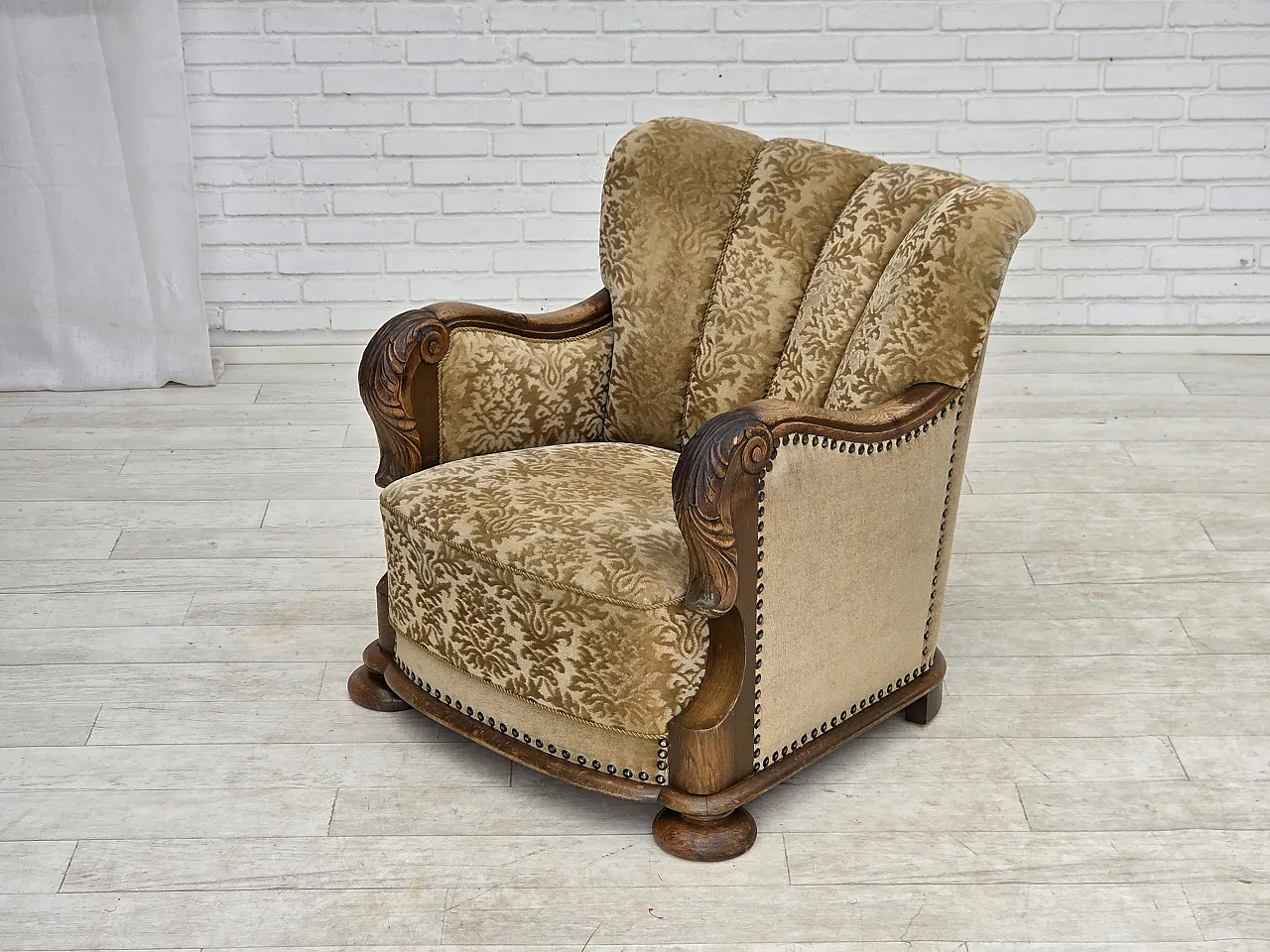 1950s, Danish relax armchair, furniture velour, carved oak wood. 20