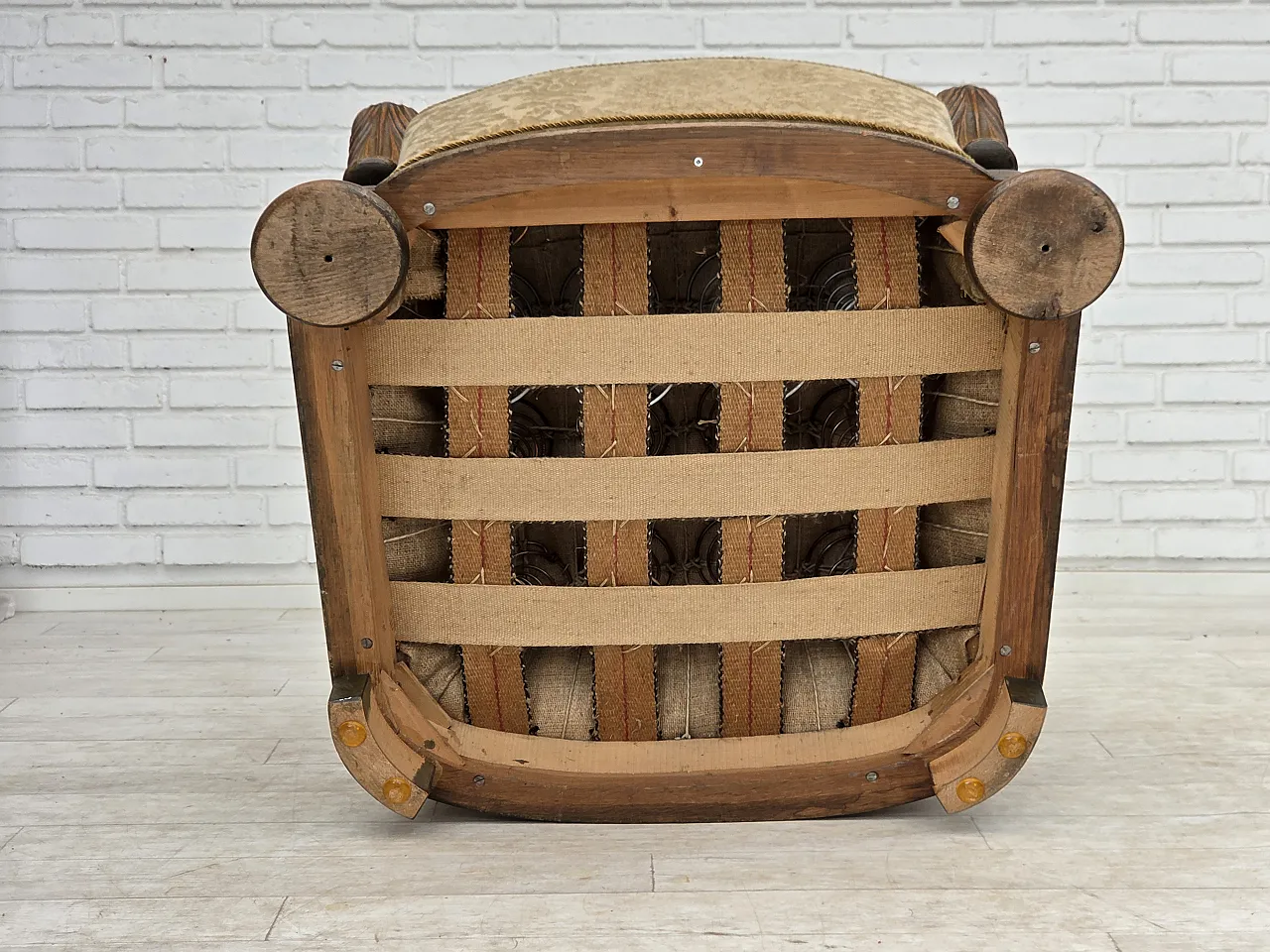 1950s, Danish relax armchair, furniture velour, carved oak wood. 21