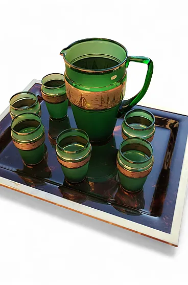 Servizio acqua con caraffa e bicchier verdi e oro, anni '50