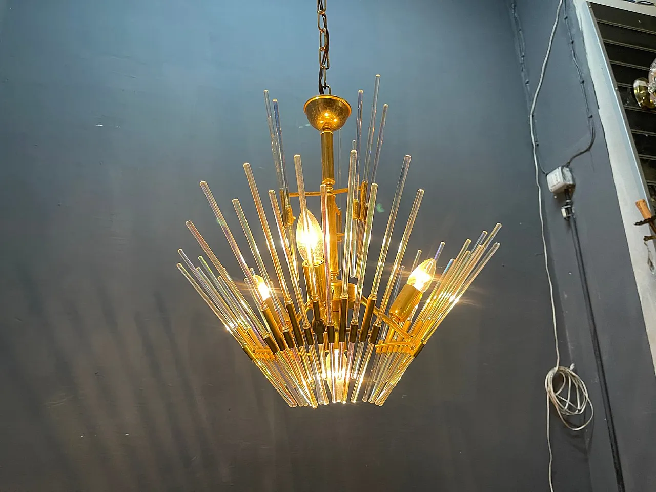 Lampadario in ottone e vetro di Murano di Gaetano Sciolari, Italia, anni '70 6