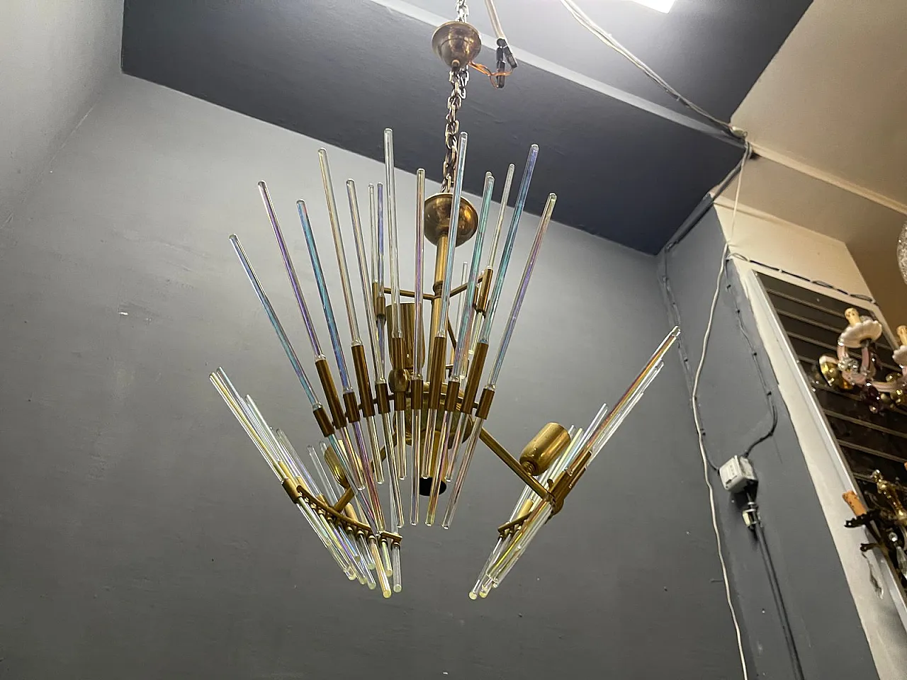 Lampadario in ottone e vetro di Murano di Gaetano Sciolari, Italia, anni '70 7