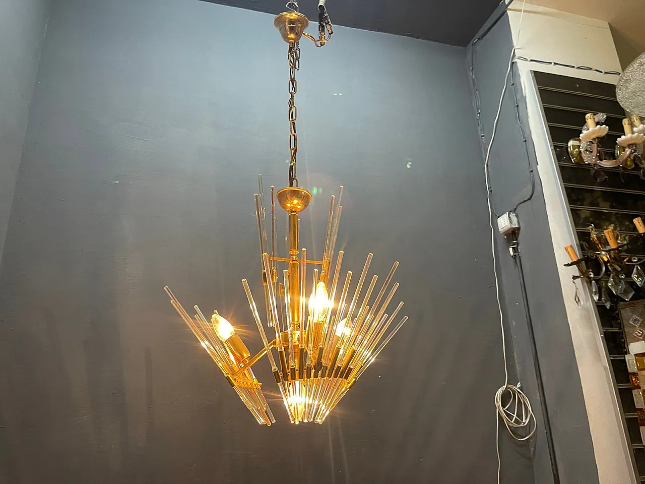 Lampadario in ottone e vetro di Murano di Gaetano Sciolari, Italia, anni '70 8
