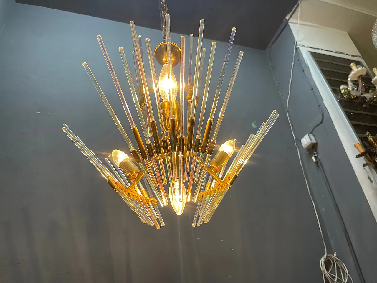 Lampadario in ottone e vetro di Murano di Gaetano Sciolari, Italia, anni '70 9