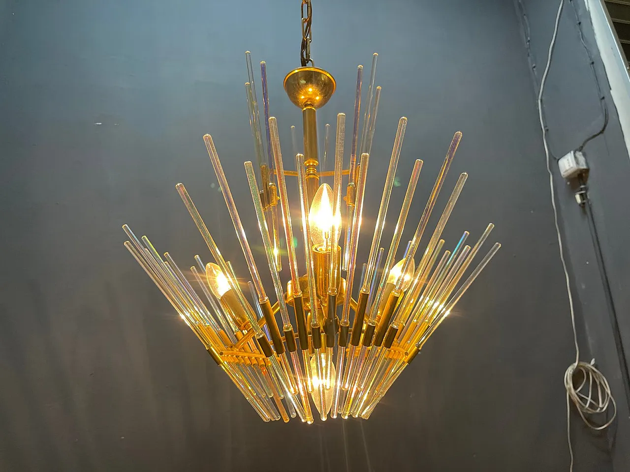 Lampadario in ottone e vetro di Murano di Gaetano Sciolari, Italia, anni '70 10