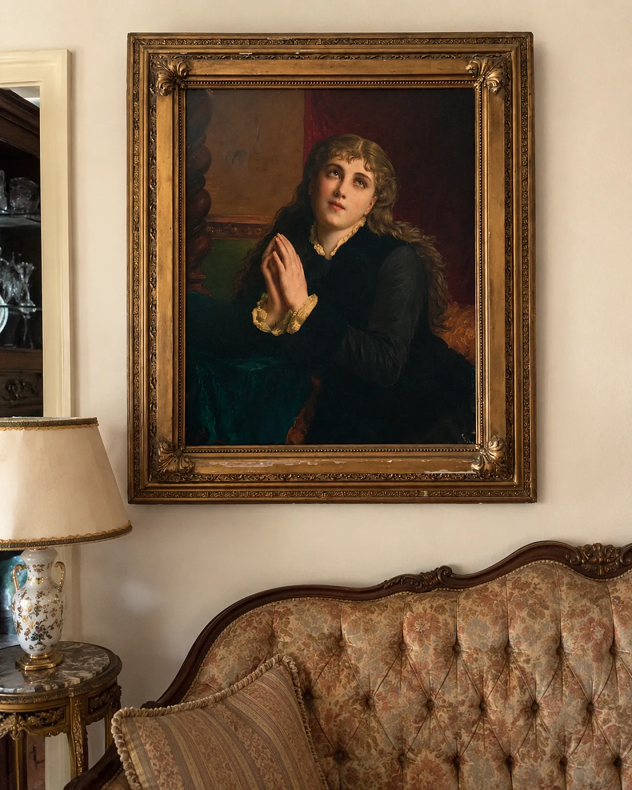 Devotional figure oil painting with contemporary golden frame from the 19th century 2