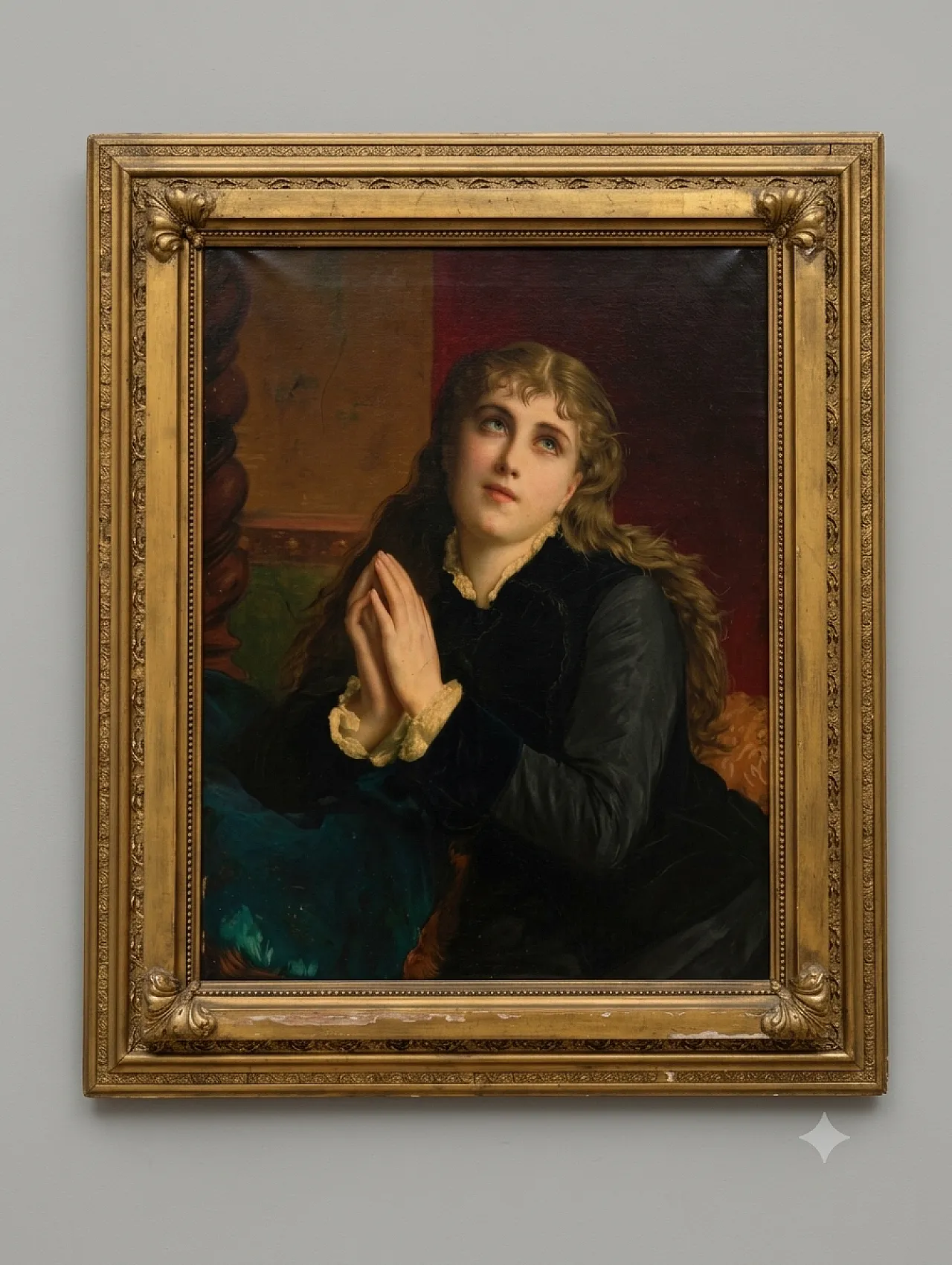 Devotional figure oil painting with contemporary golden frame from the 19th century 3