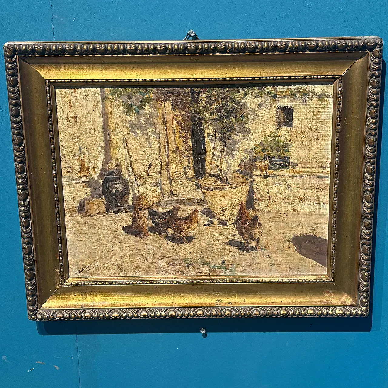 Antique oil painting on canvas popular court scene from the early 1900s, size 40 1