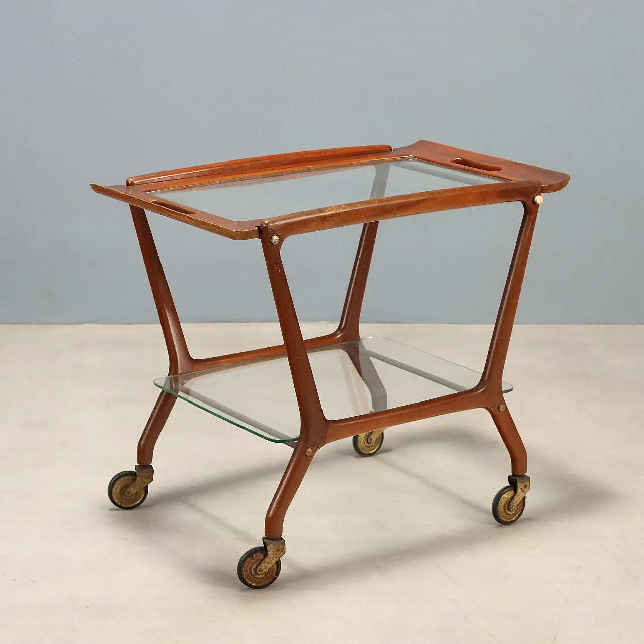 Carrello di servizio in faggio e vetro, metà '900 1