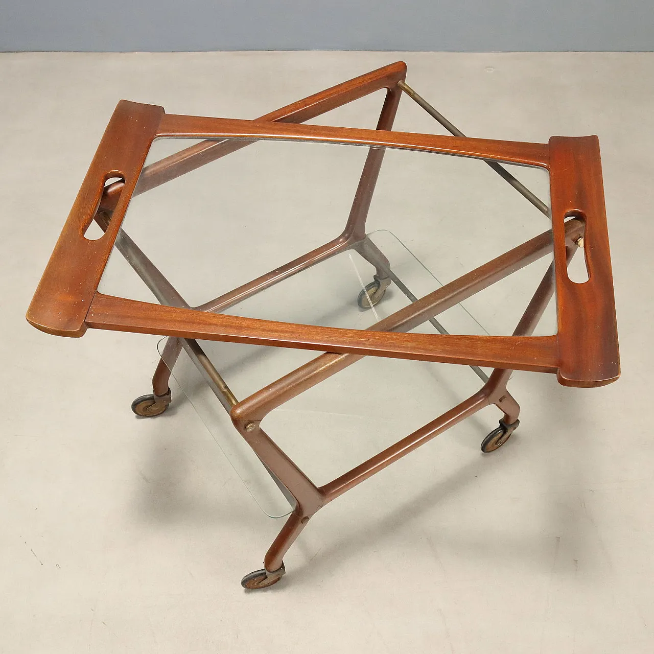 Carrello di servizio in faggio e vetro, metà '900 7