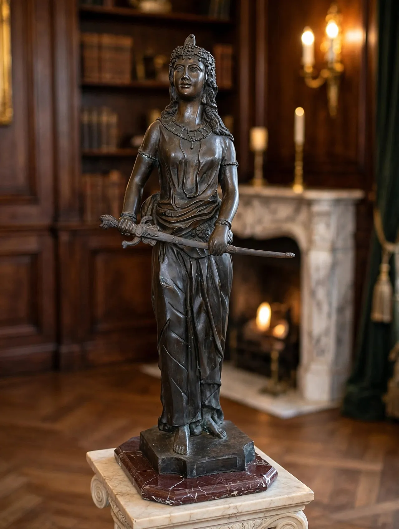 Large bronze sculpture with marble base, late 19th century. 7