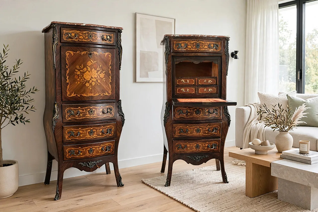 Rare pair of folding secretaires in Louis XV style, 19th century 3